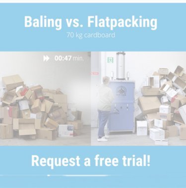 Baling vs flatpacking cardboard waste, showing a cardboard baler compressing boxes for efficient recycling